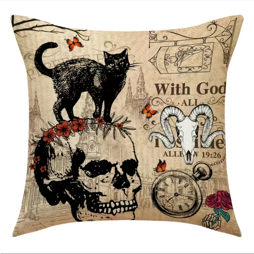 4pcs Vintage Halloween Throw Pillow Covers For Black Cat/Crow/Pumpkin/Skull Thro